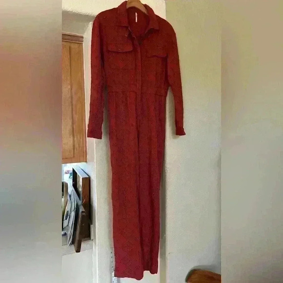 Free People Set The Tone Eyelet Jumpsuit in Rust Combo Size 2 - Picture 3 of 8